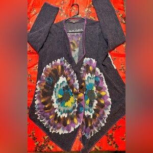 Purple Floral Open-Front Cardigan with Accent Stitching